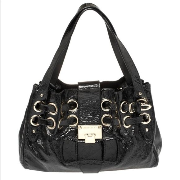 Jimmy Choo Ramona Leather Patent Shoulder Bag Tote Satchel Logo Pockets Black Lg - Picture 1 of 15